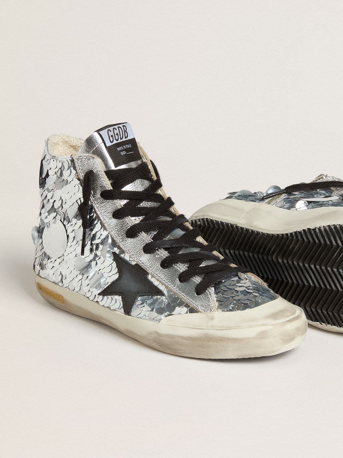 Golden Goose Womens Francy In Nylon With All-Over Silver Sequins And Black Leather Star Womens