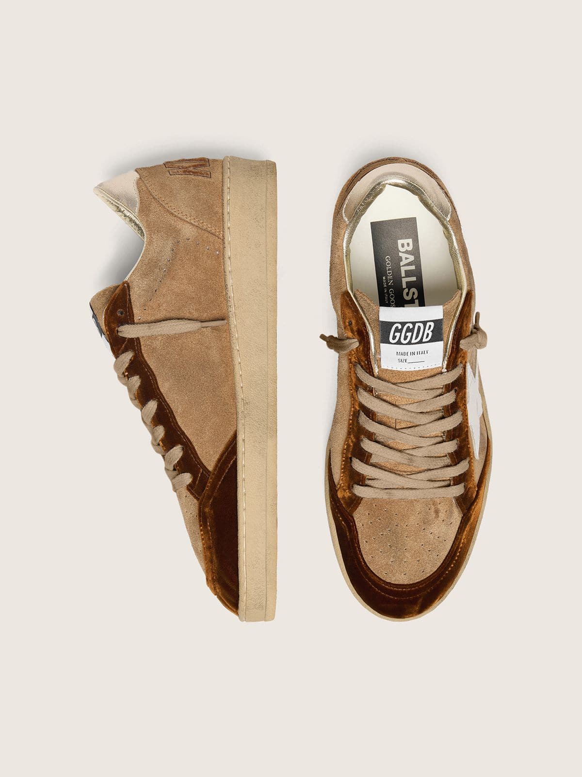 Golden Goose Womens Ball Star In Tobacco Suede With White Leather Star And Cognac Velvet Inserts Womens