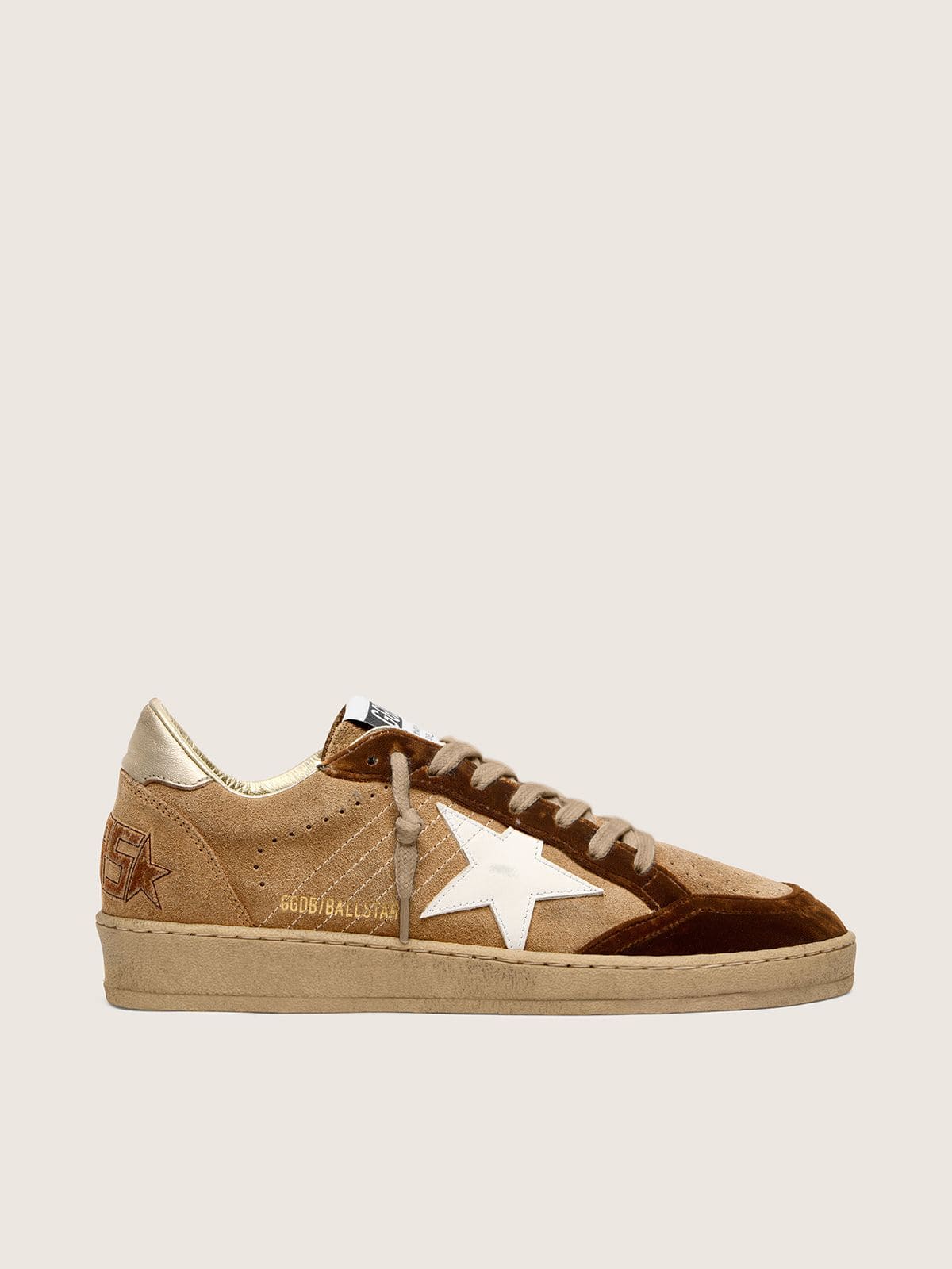 Golden Goose Womens Ball Star In Tobacco Suede With White Leather Star And Cognac Velvet Inserts Womens