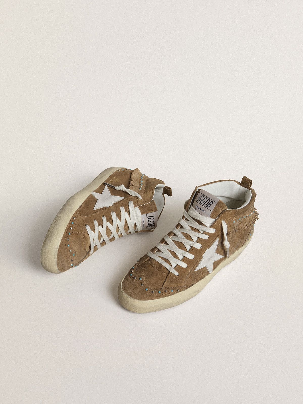 Golden Goose Womens Mid Star In Tobacco Suede With Fringing And Studs Womens