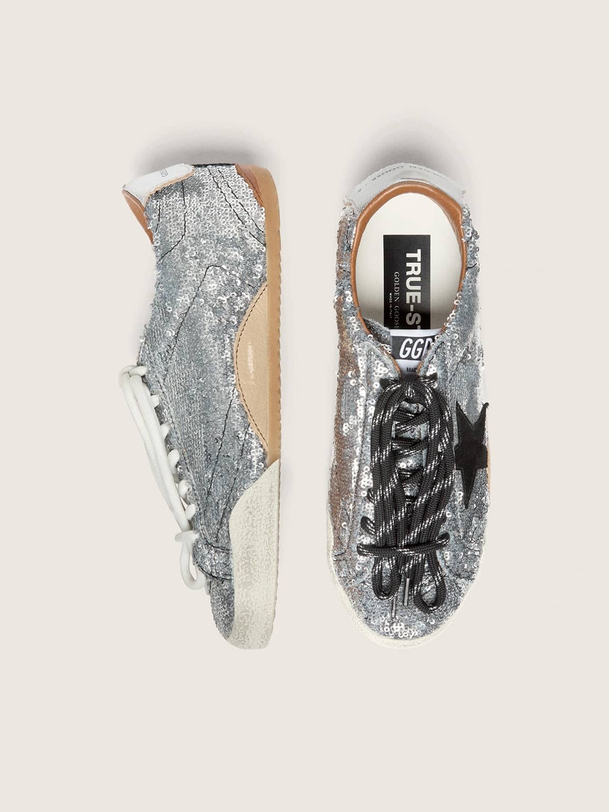 Golden Goose Womens True-Star In Silver Sequins With Black Star And Silver Leather Heel Tab Womens