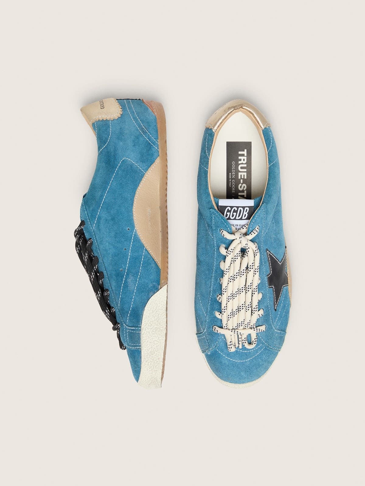 Golden Goose Womens True-Star In Teal Suede With Black Star And Cream Heel Tab Womens