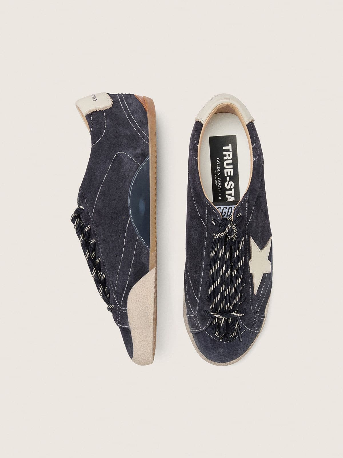 Golden Goose Womens True-Star In Dark Blue Suede With White Nappa Leather Star And Heel Tab Womens
