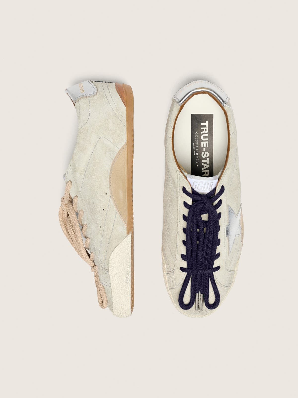 Golden Goose Womens True-Star In Light Gray Suede With Metallic Silver Star And Heel Tab Womens