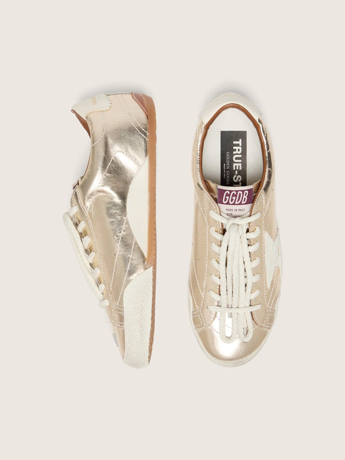 Golden Goose Womens True-Star In Metallic Platinum Leather With Light Gray Suede Star Womens