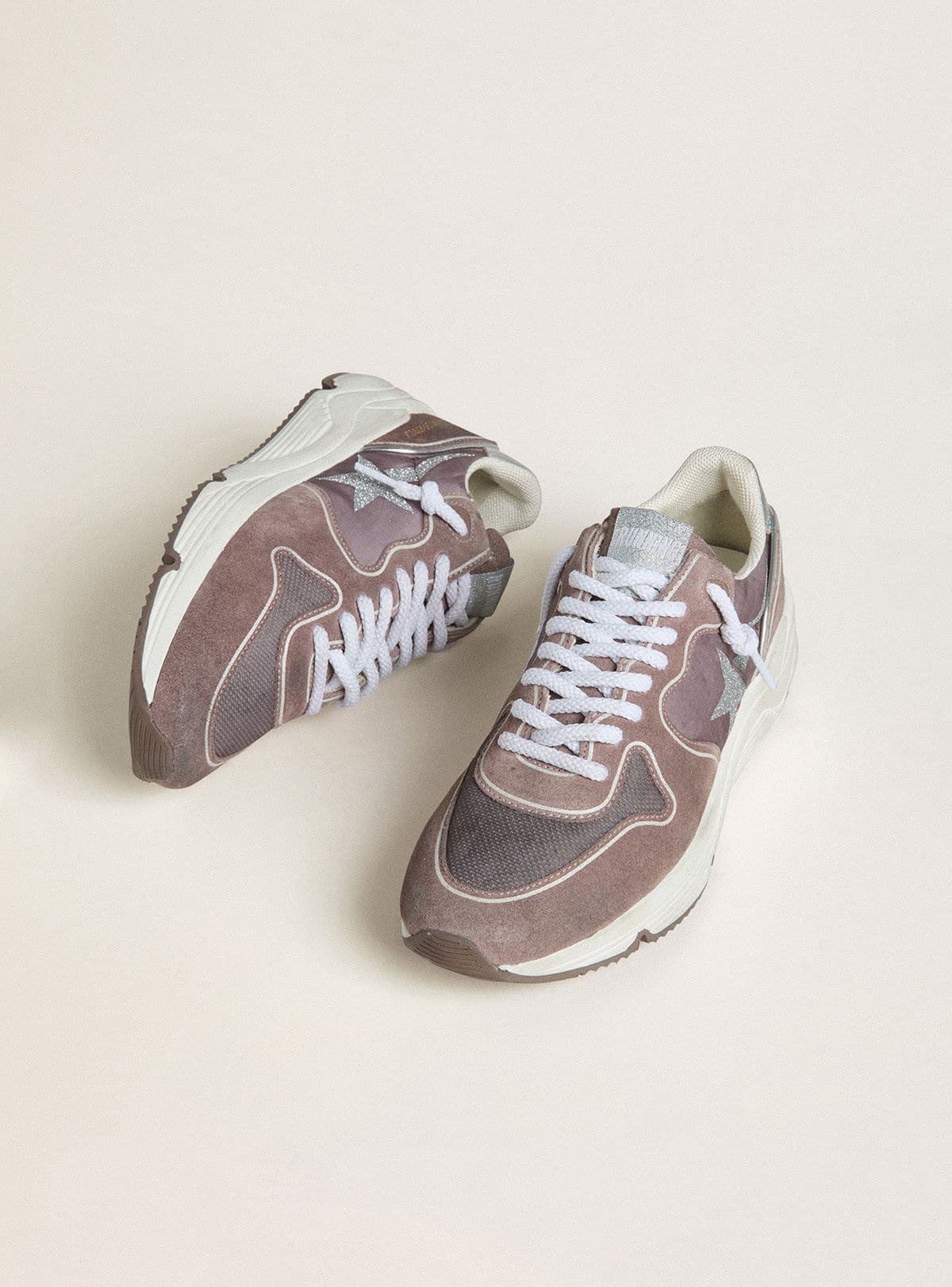 Golden Goose Womens Running Sole In Lavender Nylon And Suede With Printed Star And Silver Leather Heel Tab Womens