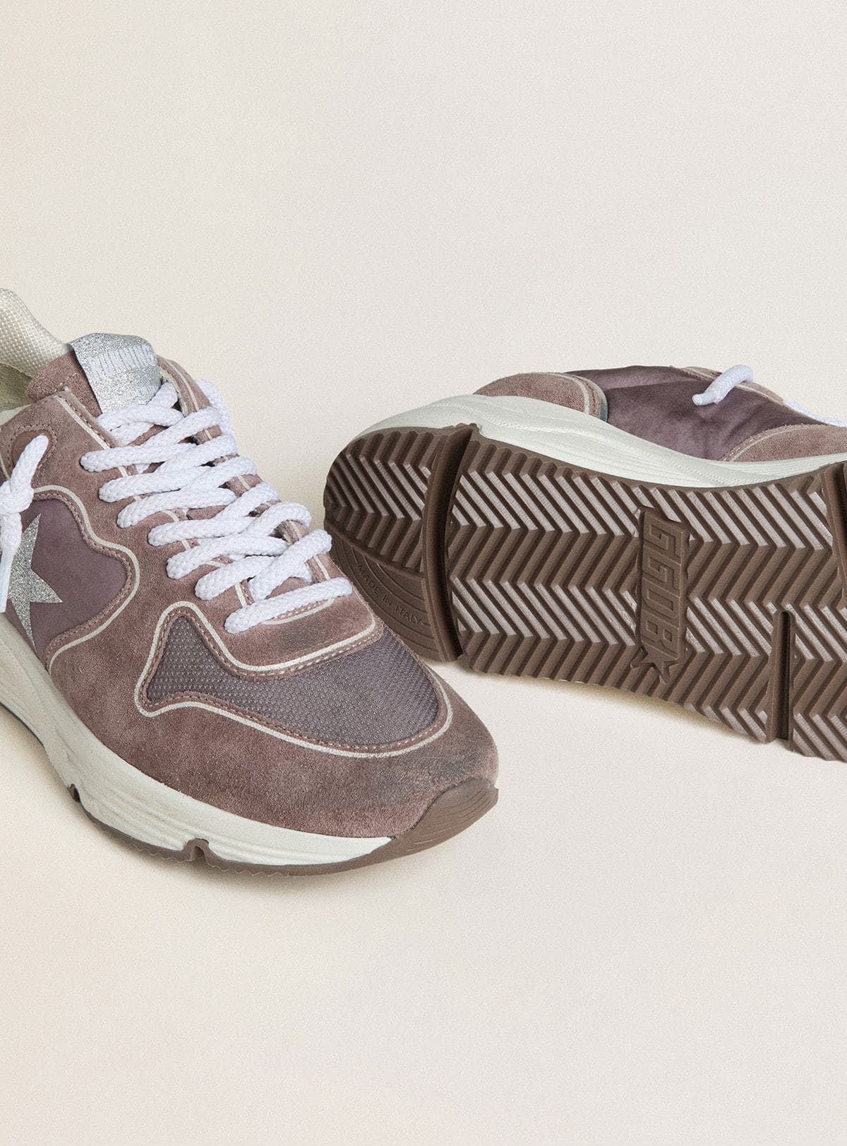 Golden Goose Womens Running Sole In Lavender Nylon And Suede With Printed Star And Silver Leather Heel Tab Womens