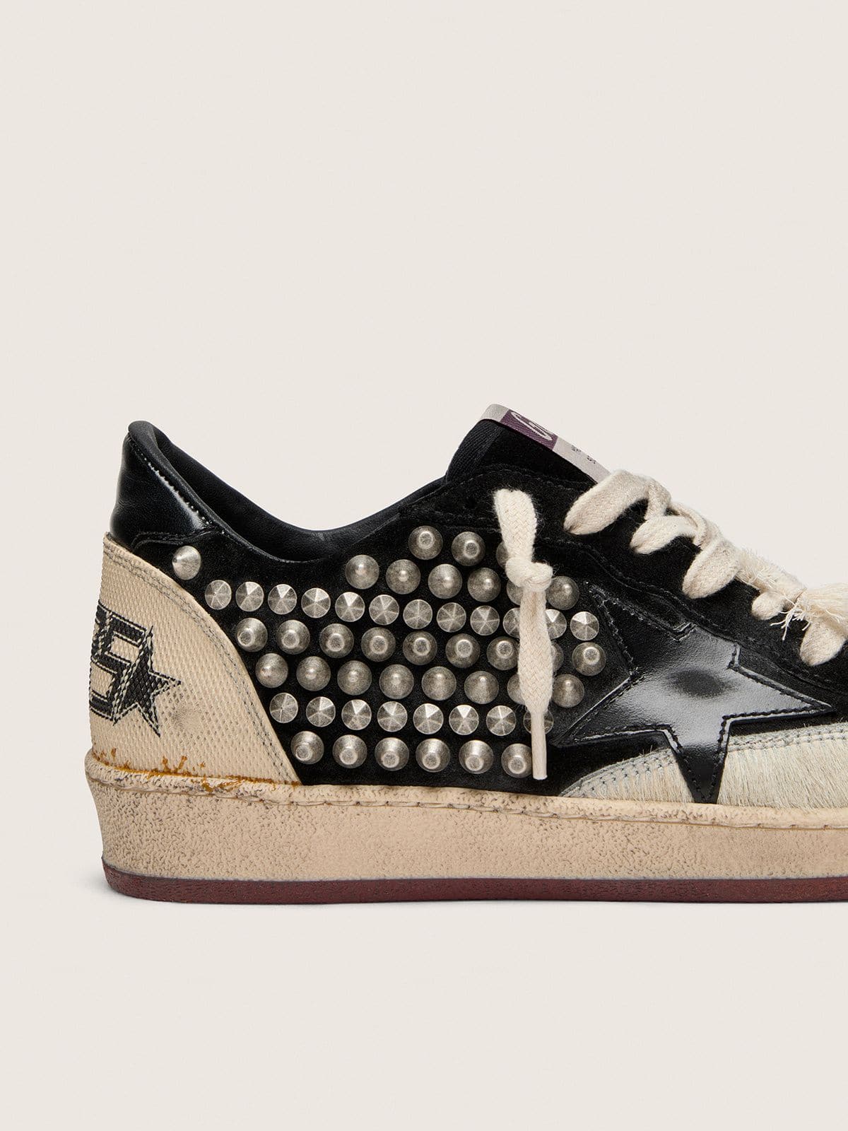 Golden Goose Womens Ball Star Lab In Black Suede With Studs And Glossy Black Leather Star Womens