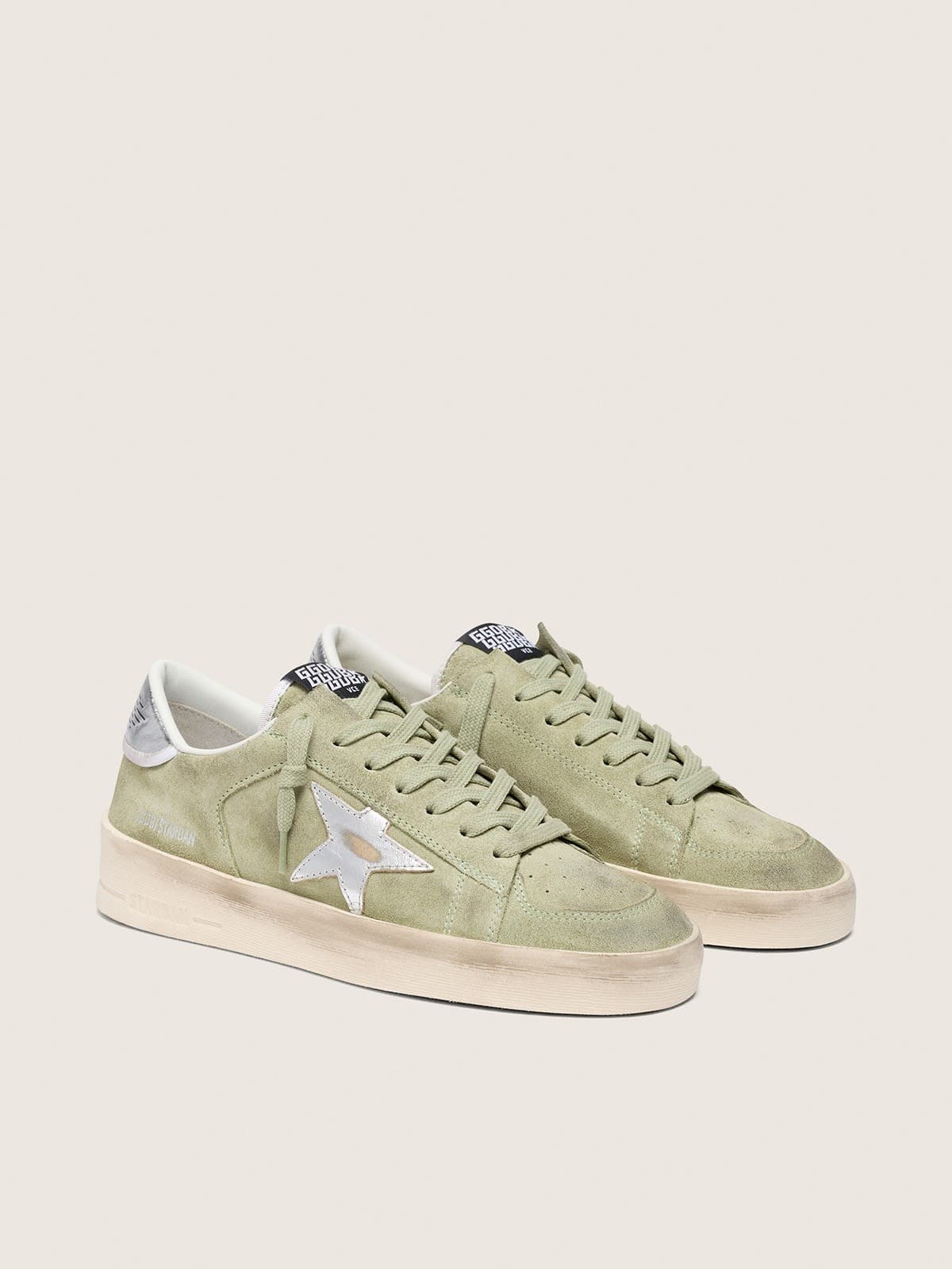 Golden Goose Womens Stardan In Sage-Green Suede With Metallic Silver Star Womens