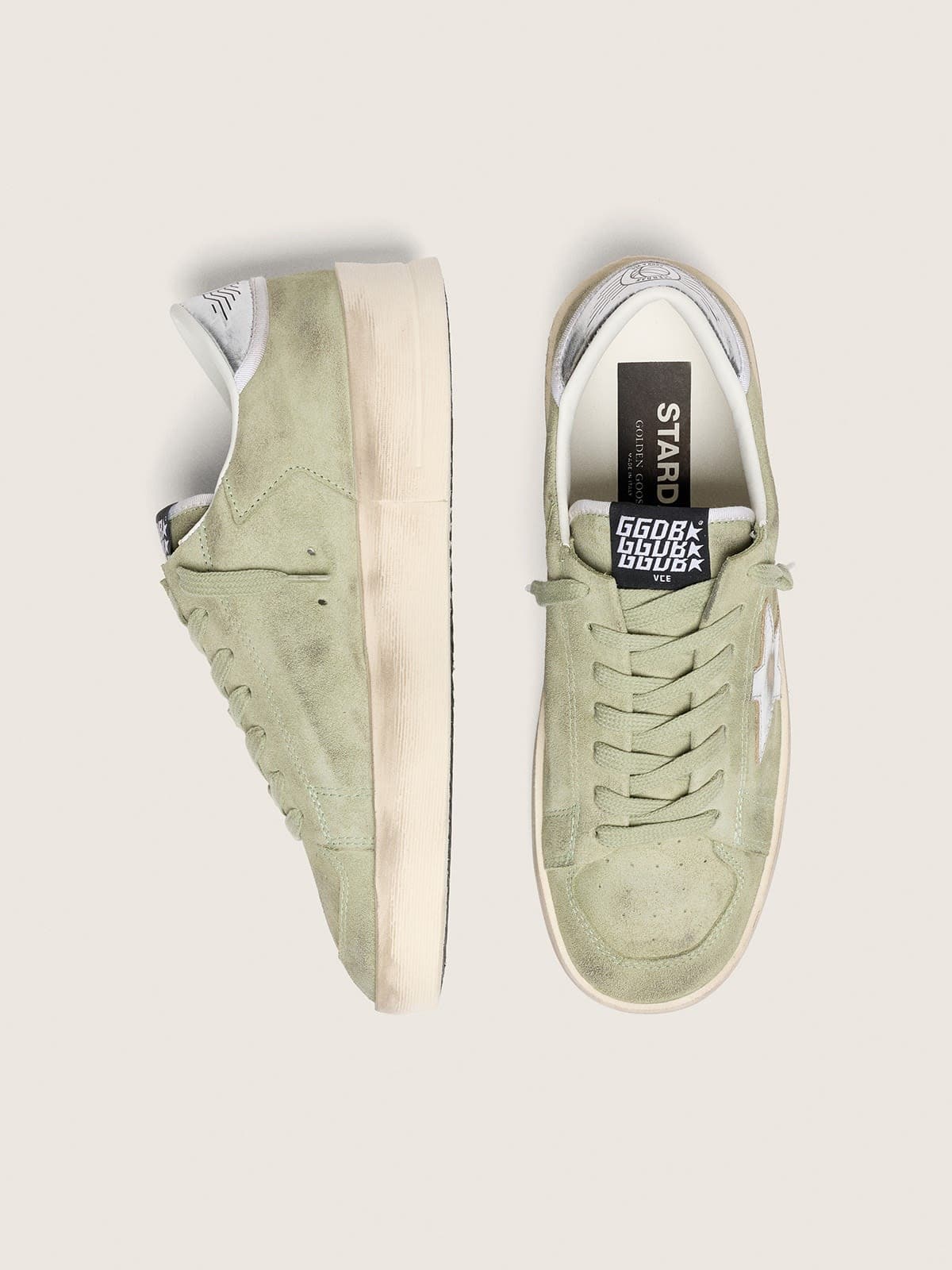 Golden Goose Womens Stardan In Sage-Green Suede With Metallic Silver Star Womens