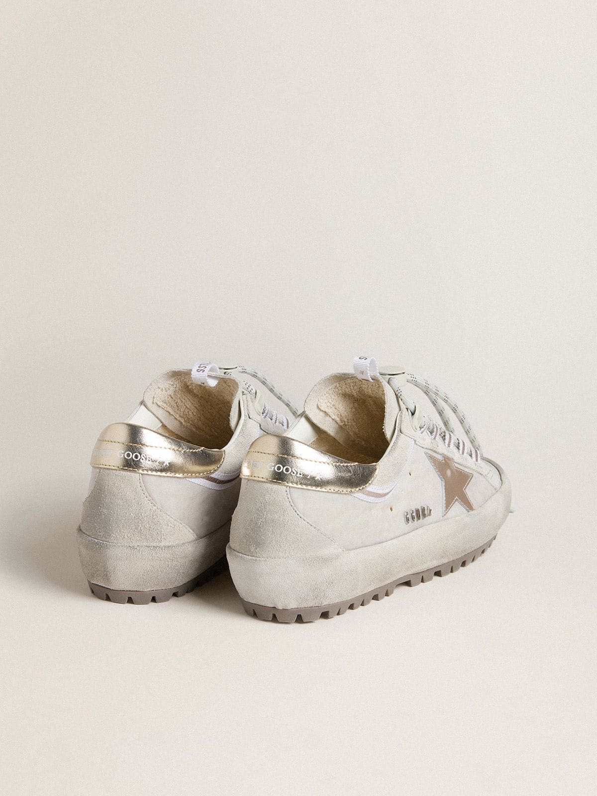 Golden Goose Womens Super-Star Ski In Light Gray Nylon With Metallic Leather Star And Heel Tab Womens