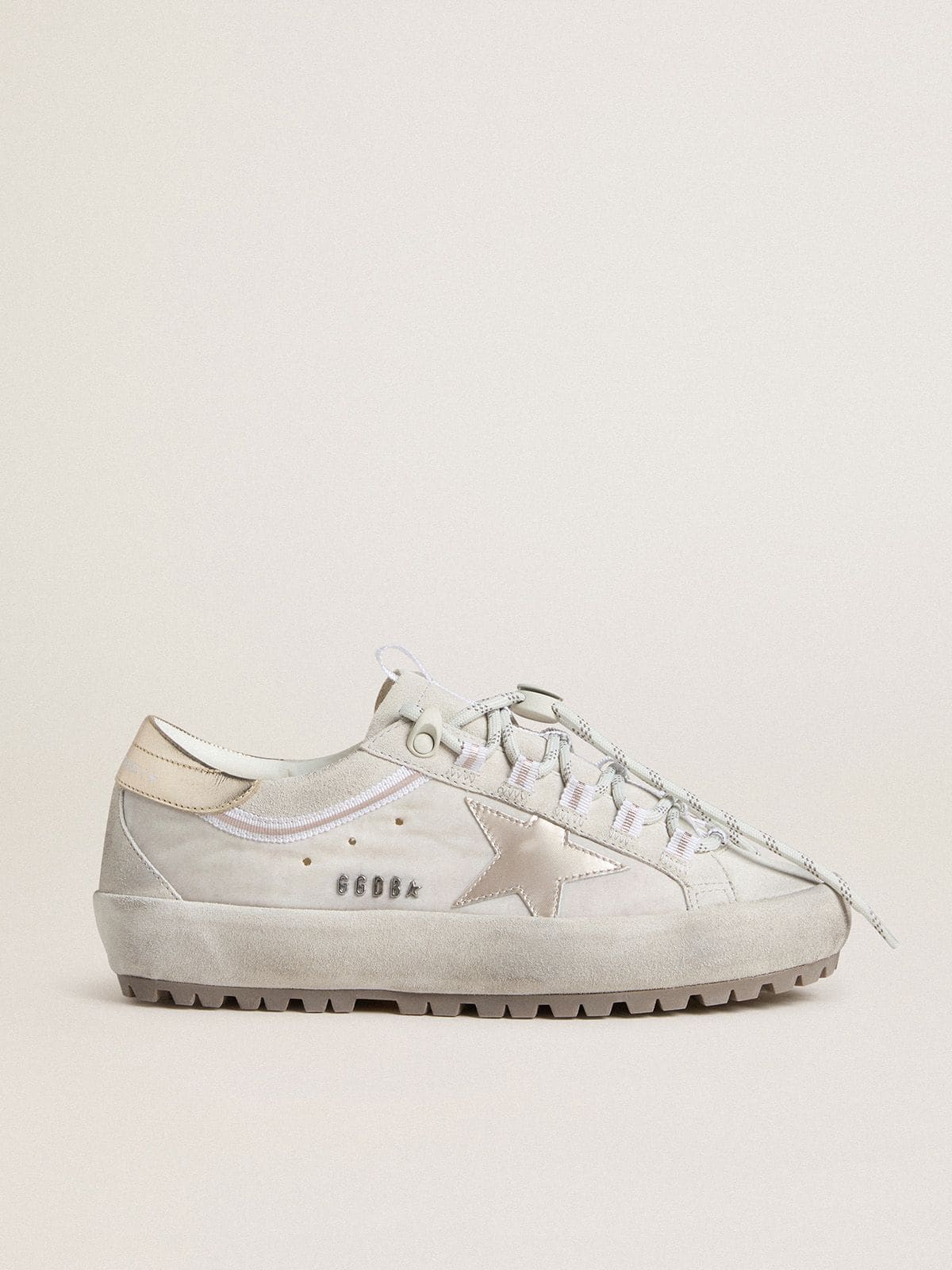 Golden Goose Womens Super-Star Ski In Light Gray Nylon With Metallic Leather Star And Heel Tab Womens