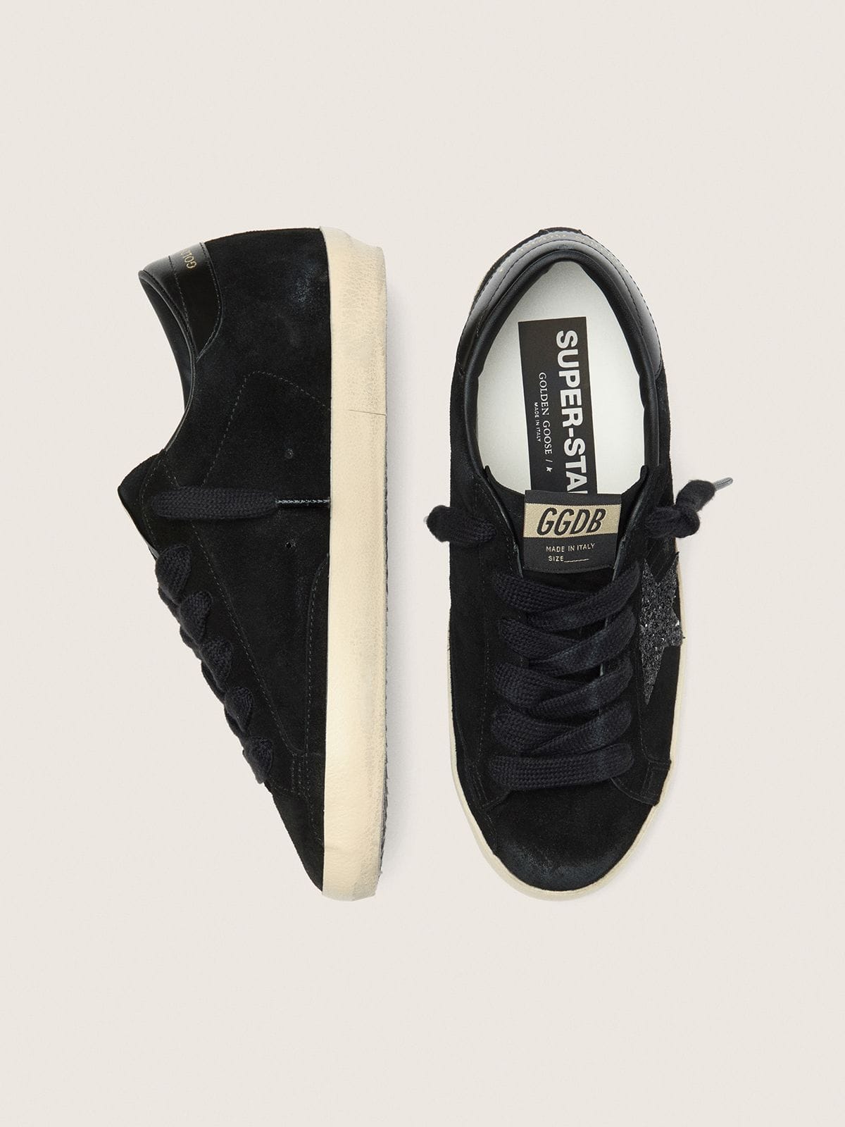 Golden Goose Womens Super-Star Ltd In Black Suede With Black Glitter Star And Black Leather Heel Tab Womens