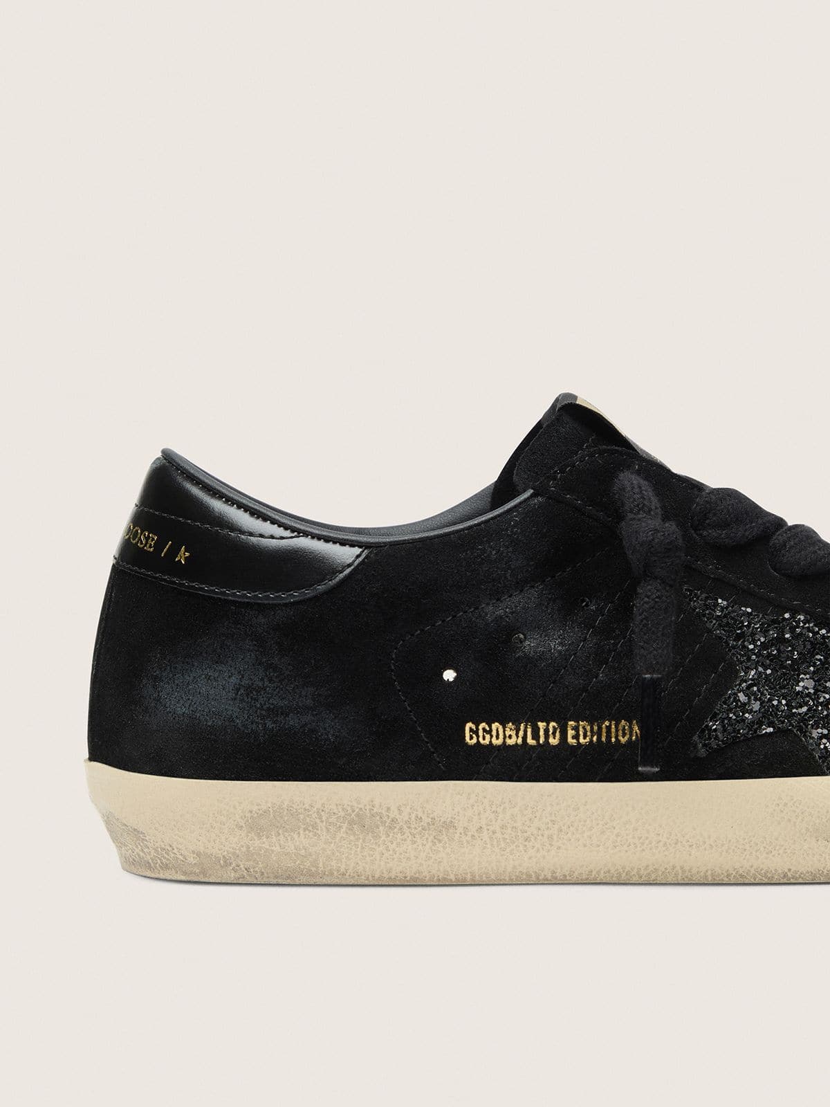 Golden Goose Womens Super-Star Ltd In Black Suede With Black Glitter Star And Black Leather Heel Tab Womens