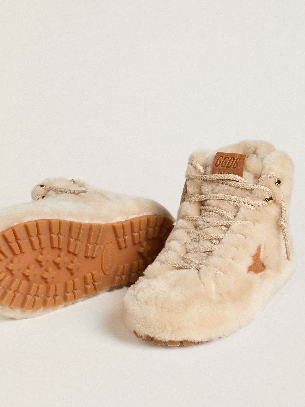 Golden Goose Womens Francy In Beige Shearling With Brown Leather Star Womens