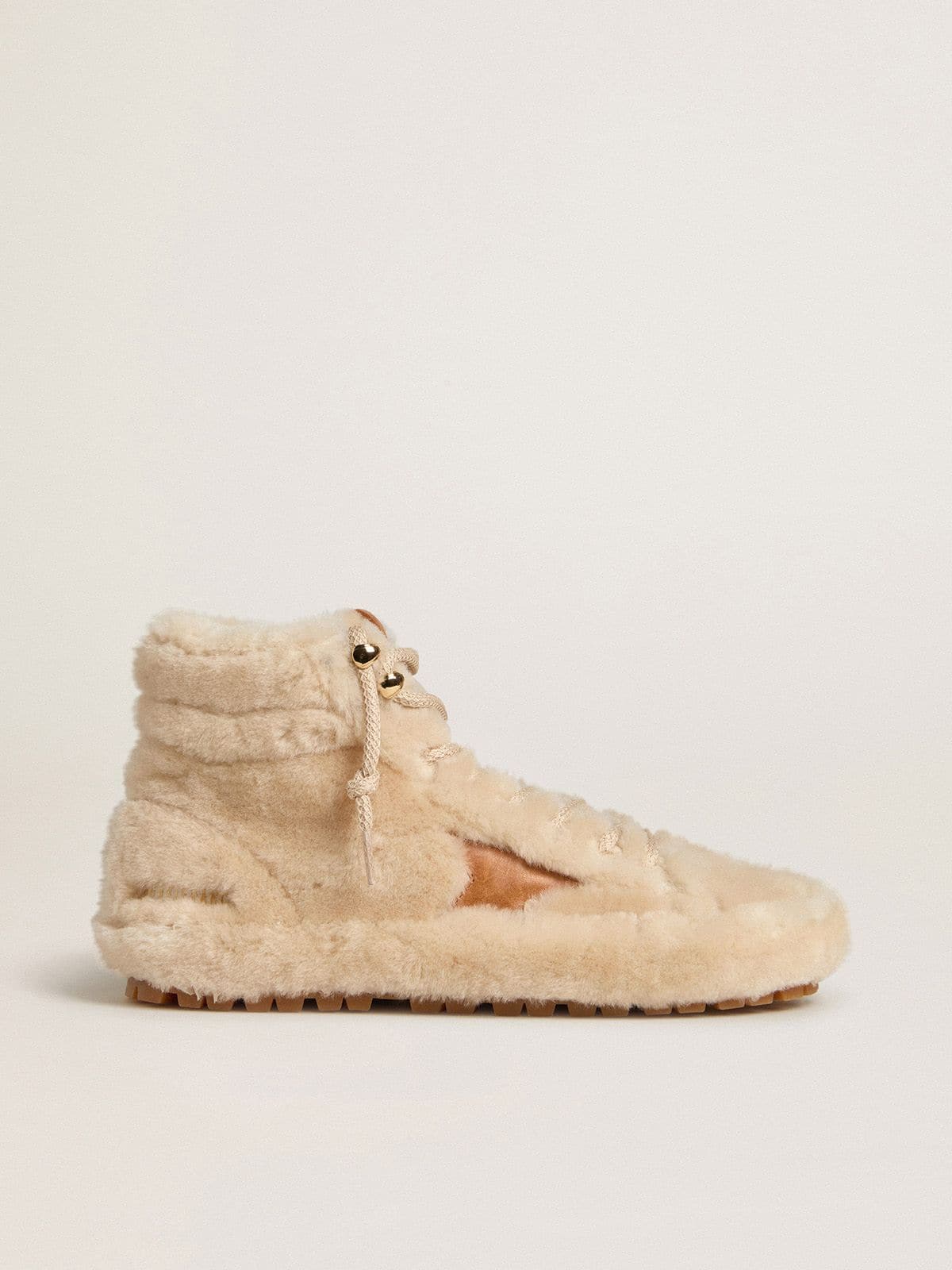 Golden Goose Womens Francy In Beige Shearling With Brown Leather Star Womens
