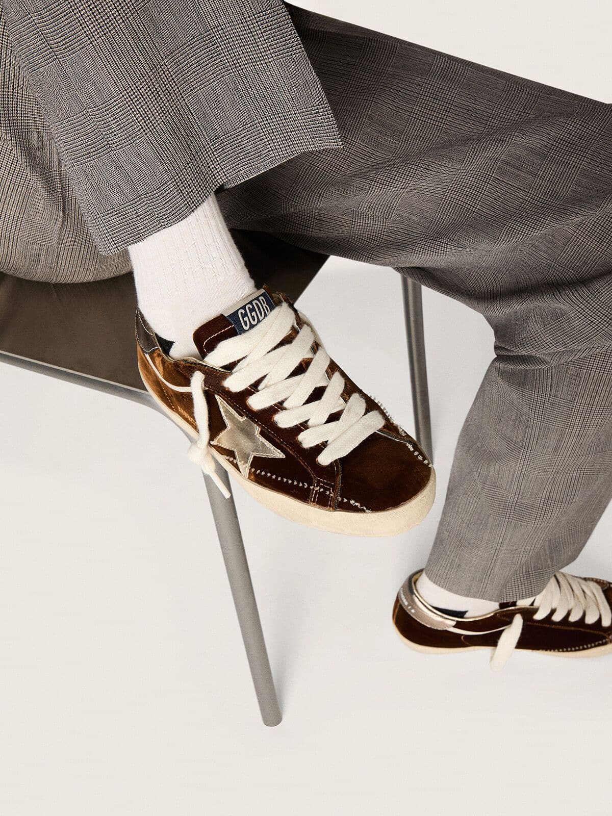 Golden Goose Womens Super-Star In Cognac Velvet With Metallic Leather Star And Heel Tab Womens