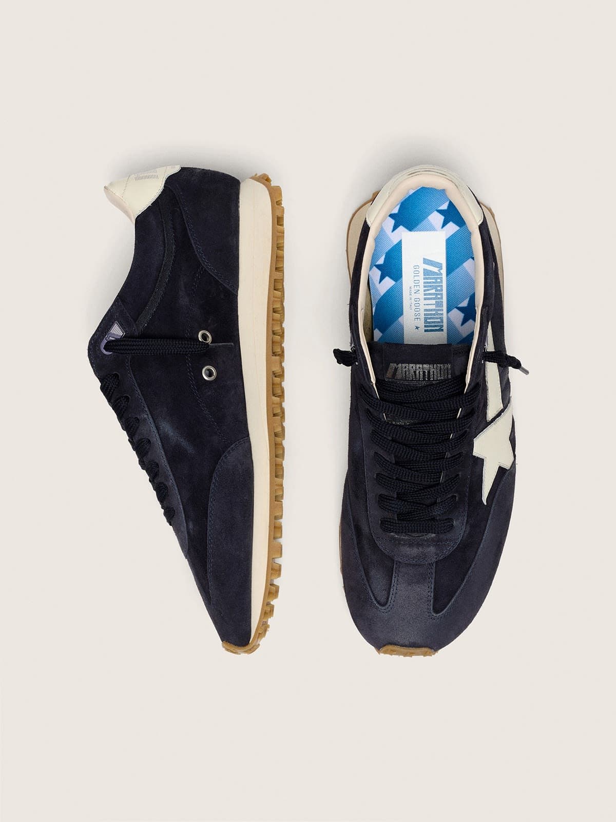 Golden Goose Womens Marathon In Blue Navy Suede With Leather Star And Heel Tab Womens