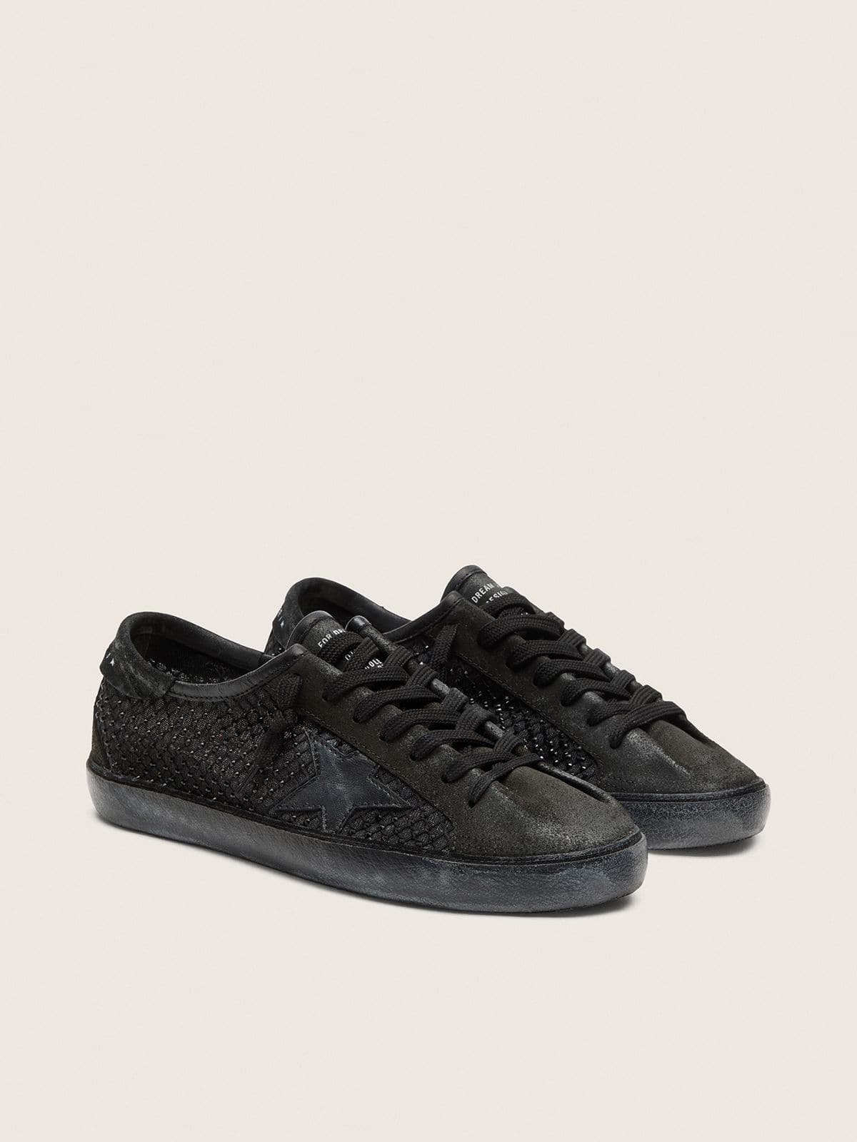 Golden Goose Womens Super-Star Ltd In Perforated Black Suede With Black Star And Crystals Womens
