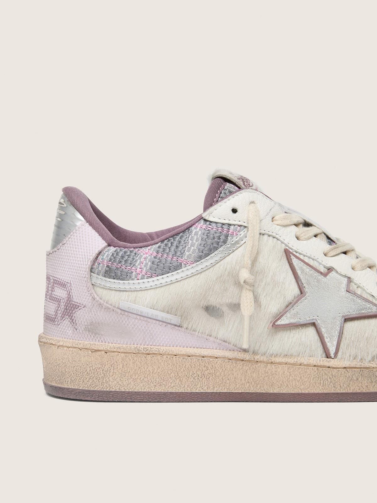 Golden Goose Womens Ball Star Lab In White Nylon And Pony Skin With Silver Star And Lilac Inserts Womens