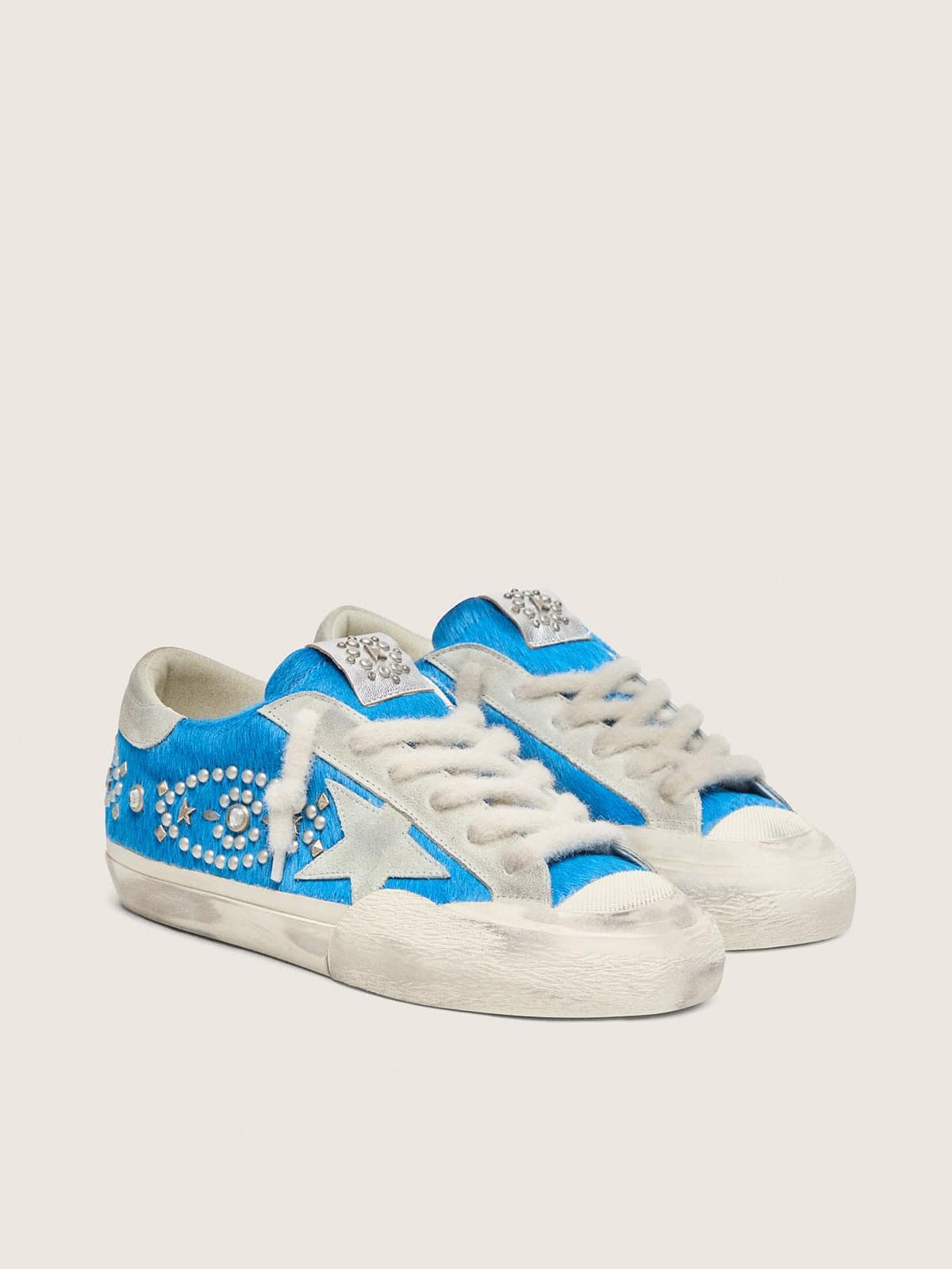 Golden Goose Womens Super-Star Lab In Bright Blue Pony Skin With Suede Star And Studs Womens