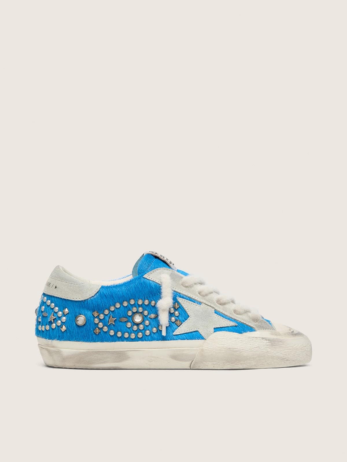 Golden Goose Womens Super-Star Lab In Bright Blue Pony Skin With Suede Star And Studs Womens
