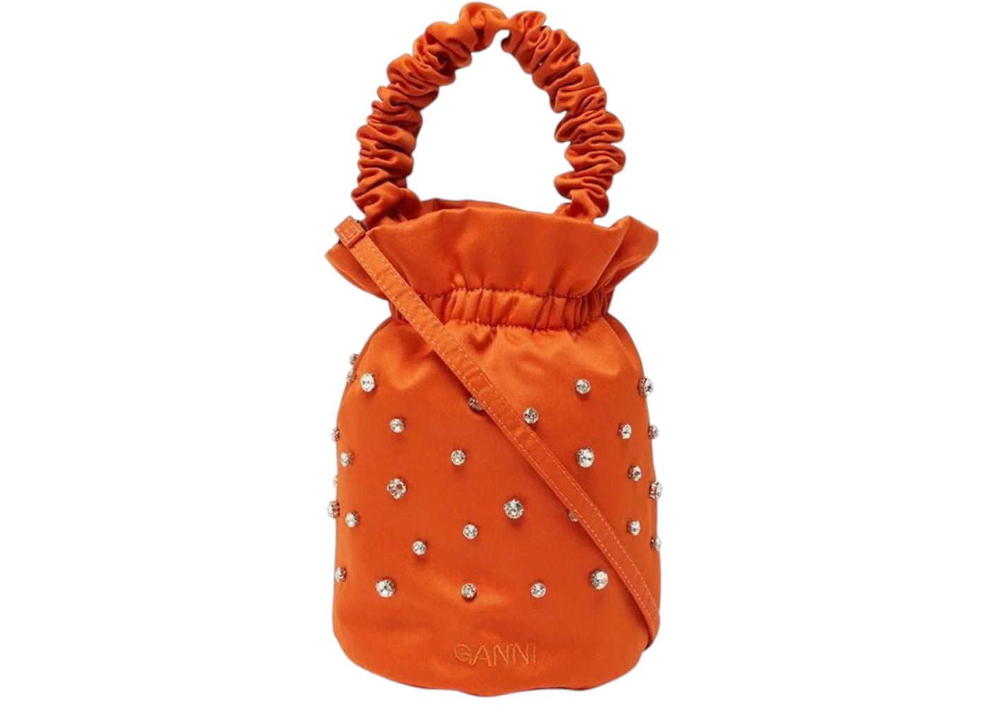 Ganni Crystal Embossed Satin Top Bucket Bag Orange