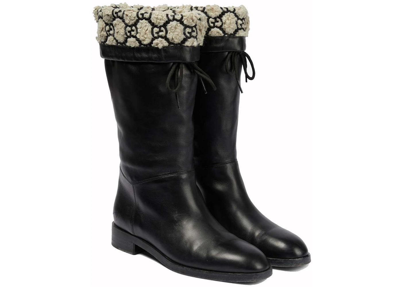 gucci drawstring knee high boots black beige (women's)