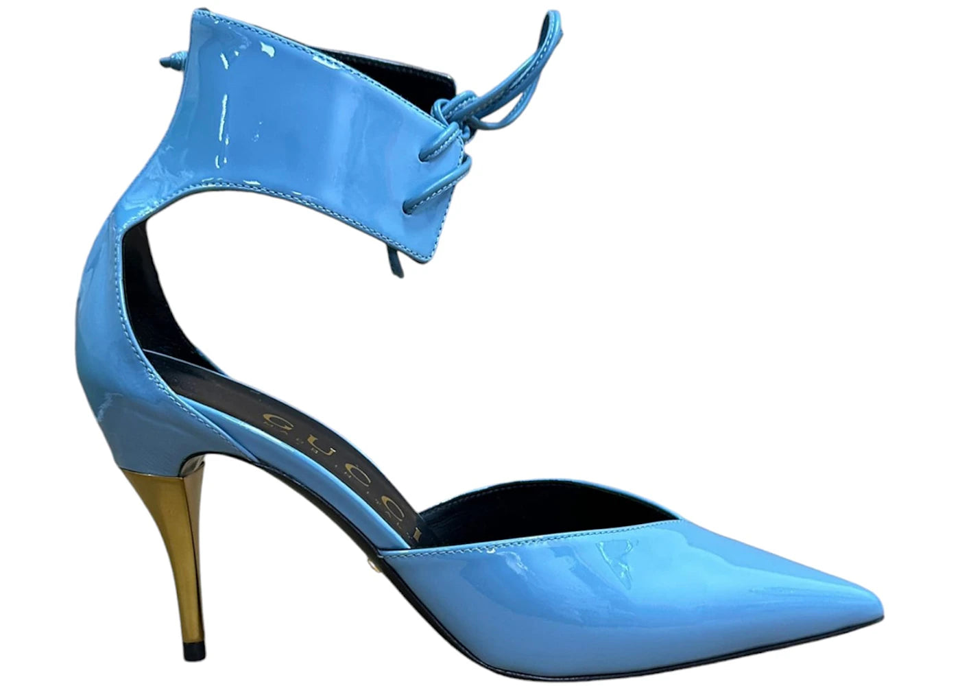 gucci high heel pump patent leather with ankle cuff blue (women's)