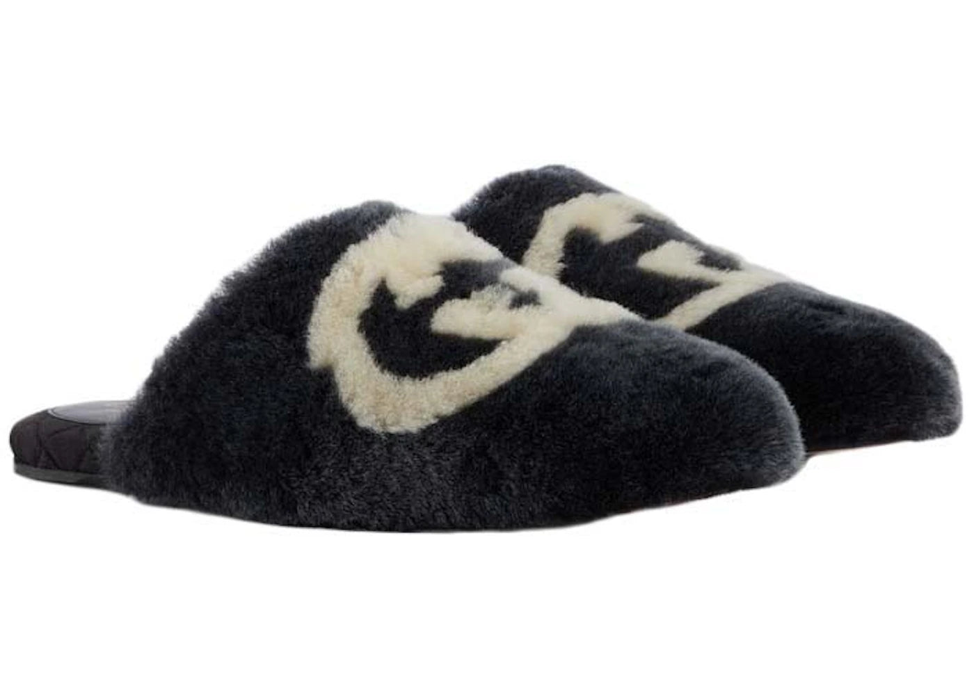 gucci interlocking g faux-fur slippers black white (women's)