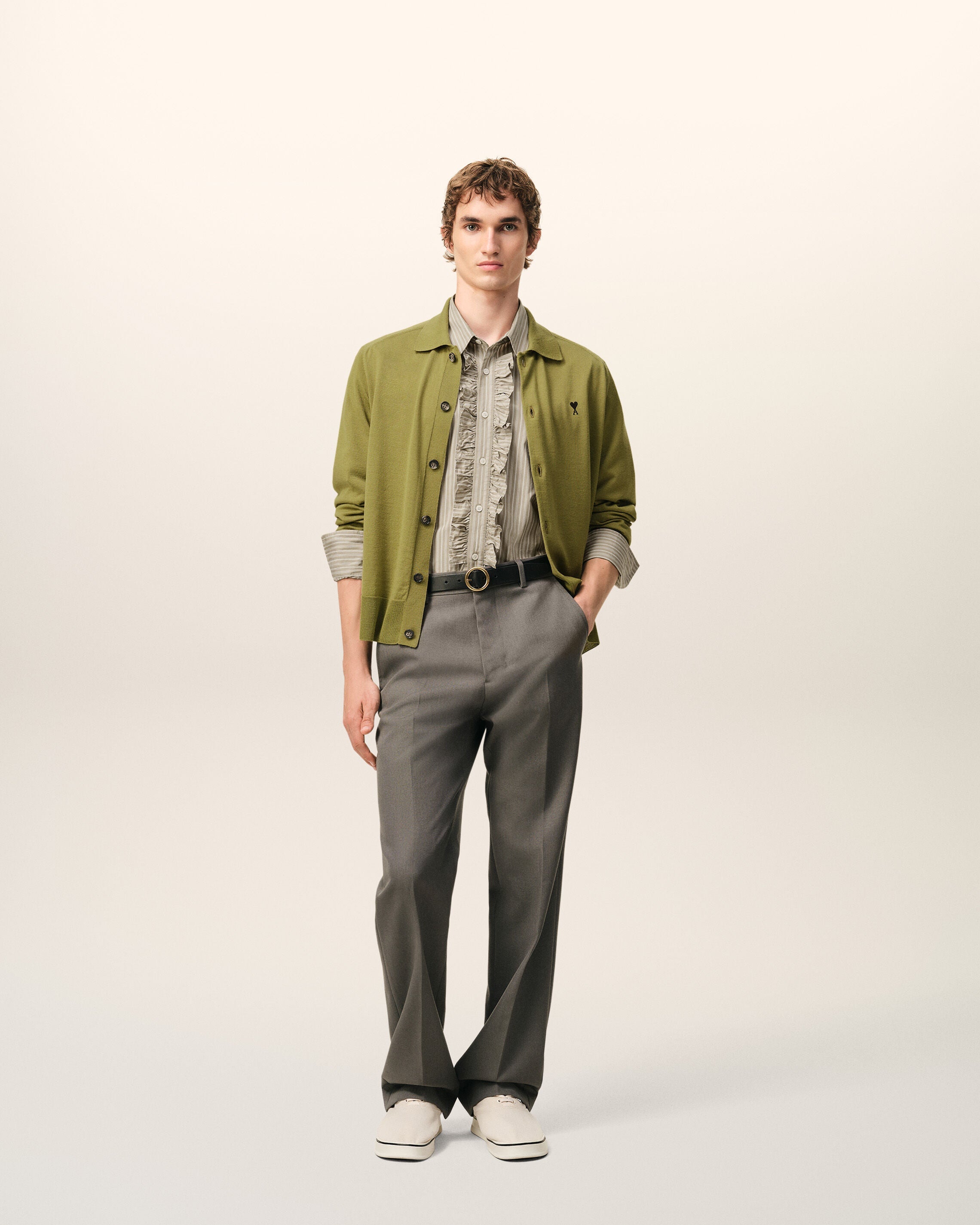 AmiParis Beige Cotton Long Sleeve Ruffled Adjusted Shirt