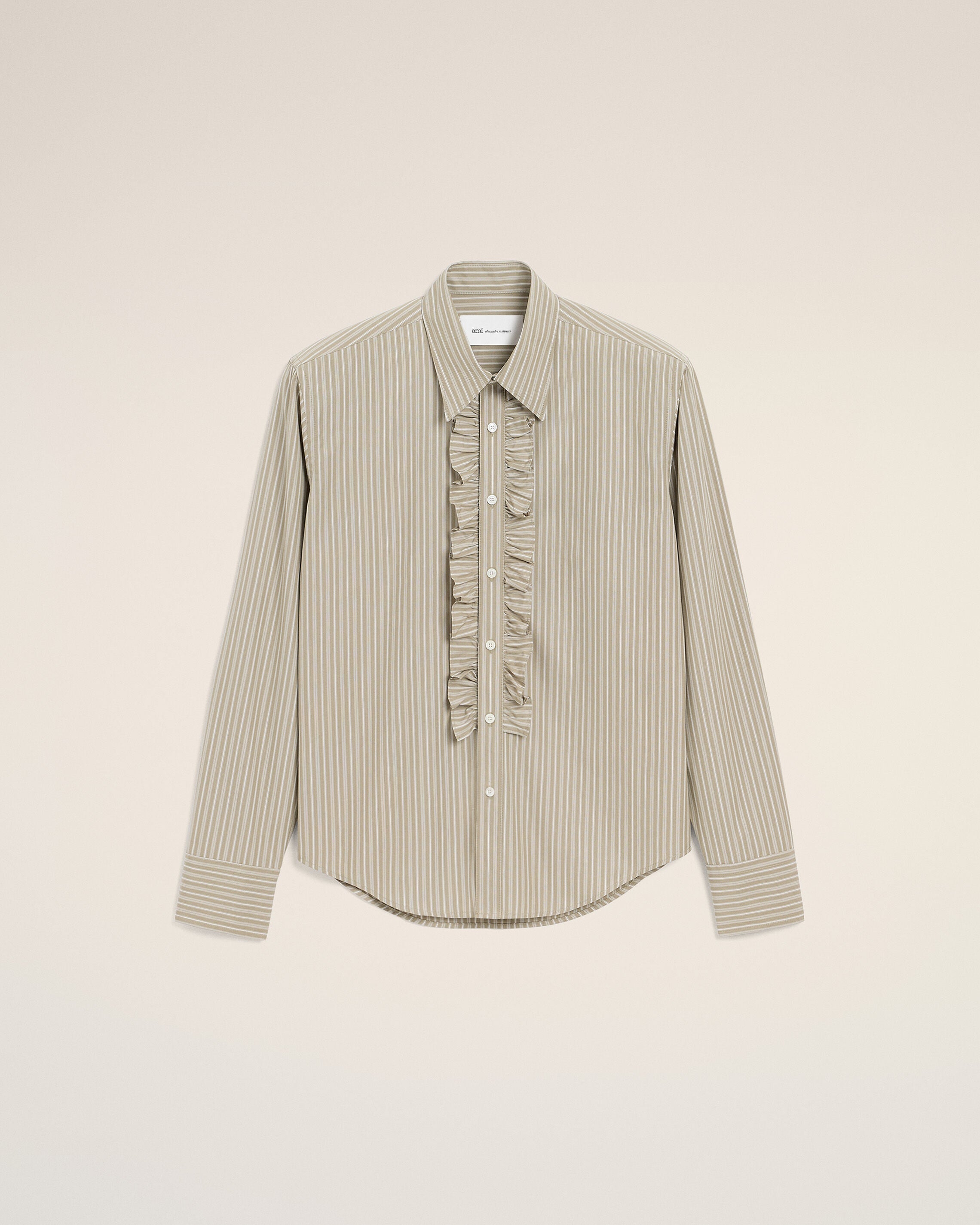 AmiParis Beige Cotton Long Sleeve Ruffled Adjusted Shirt