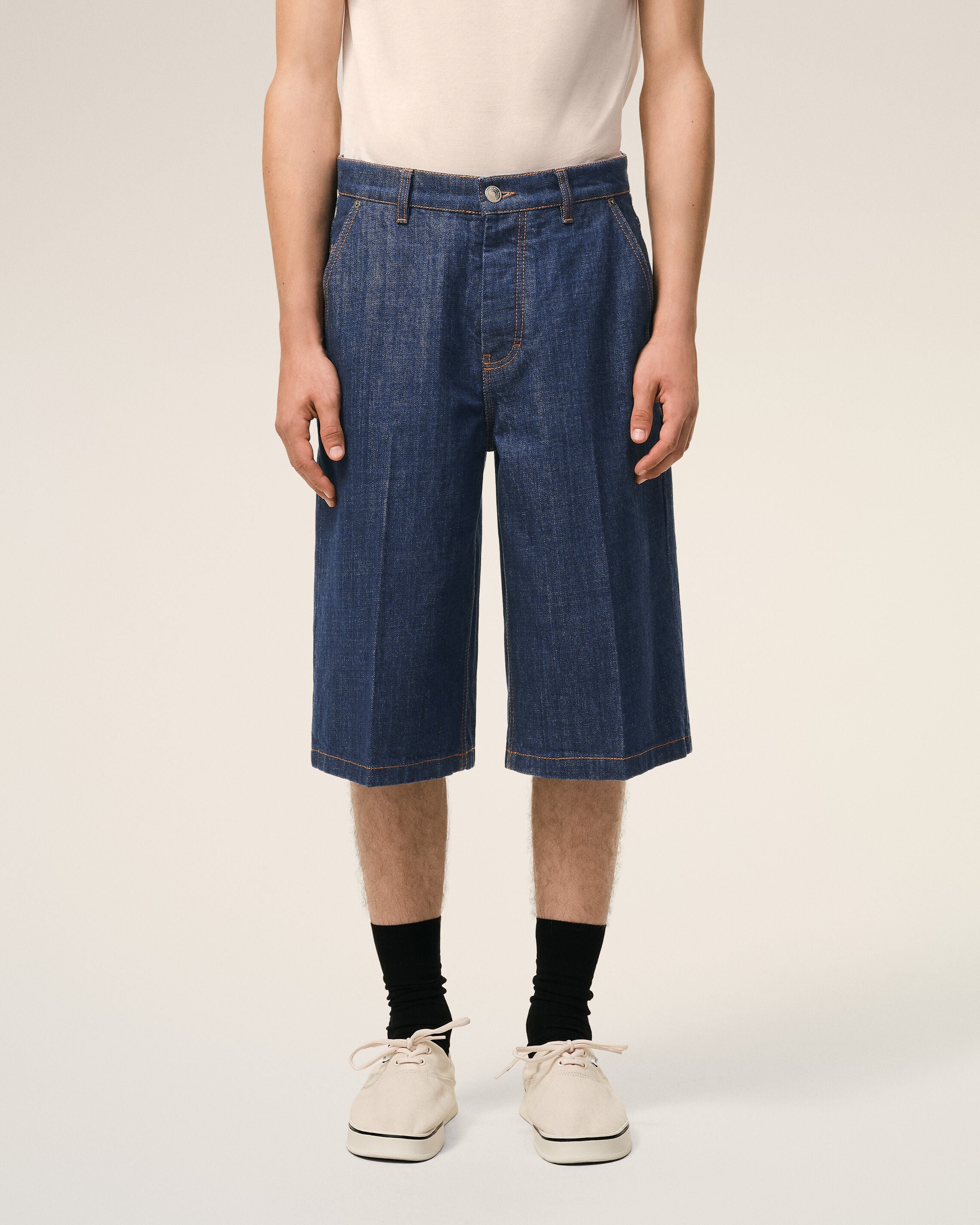AmiParis Blue Cotton Loose Bermuda Shorts