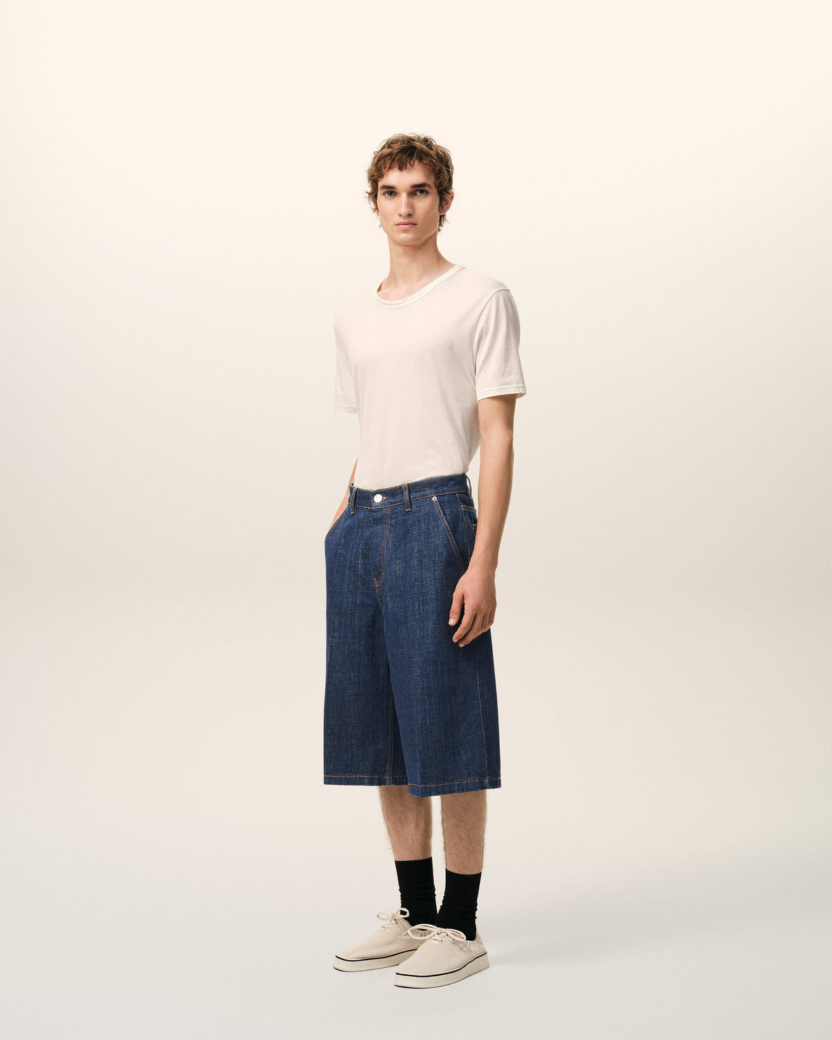 AmiParis Blue Cotton Loose Bermuda Shorts