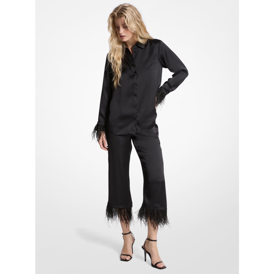 Michael Kors Feather Trim Satin Pajama Pants BLACK