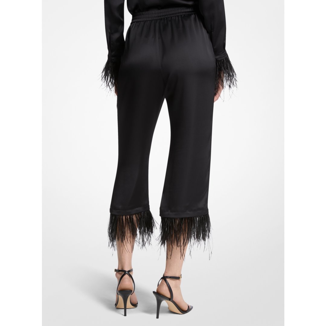 Michael Kors Feather Trim Satin Pajama Pants BLACK