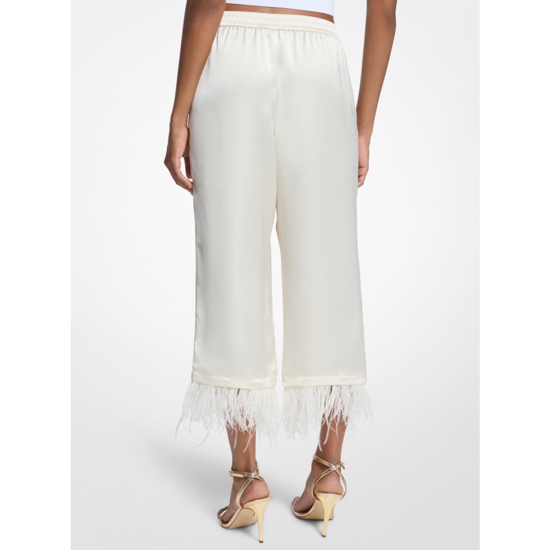 Michael Kors Feather Trim Satin Pajama Pants BONE
