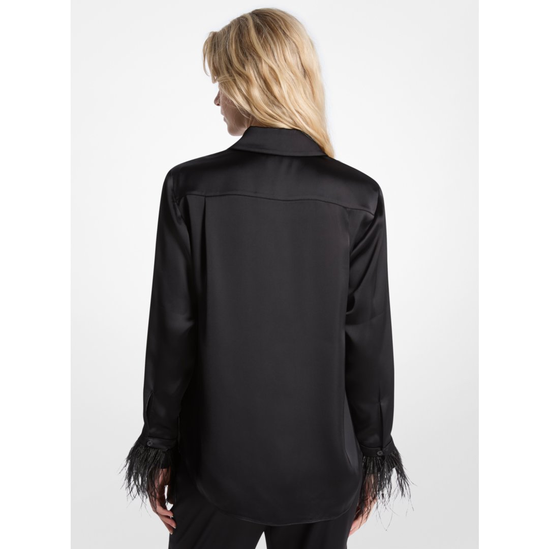 Michael Kors Feather Trim Satin Pajama Shirt BLACK