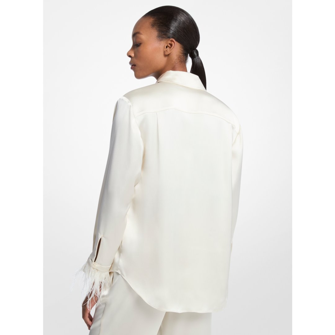 Michael Kors Feather Trim Satin Pajama Shirt BONE
