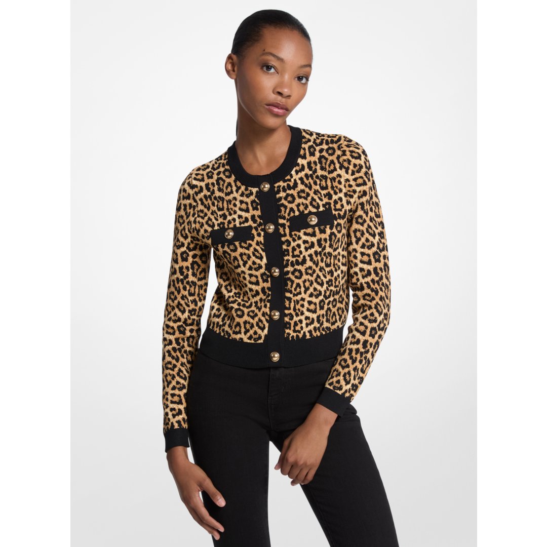 Michael Kors Leopard Print Stretch Viscose Cardigan PALE BUTTERSCOTCH