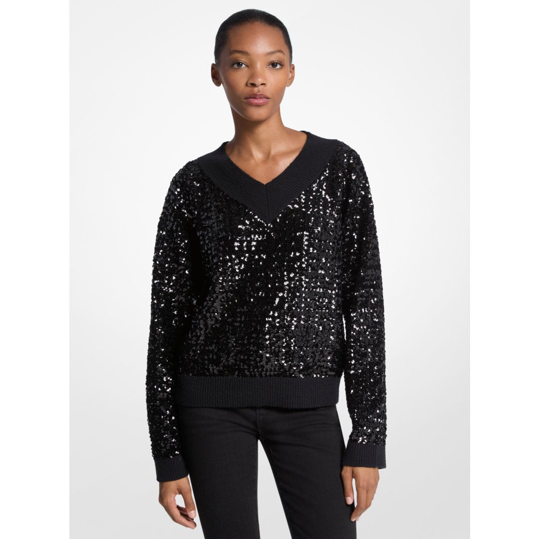 Michael Kors Sequined Cotton Blend Sweater BLACK