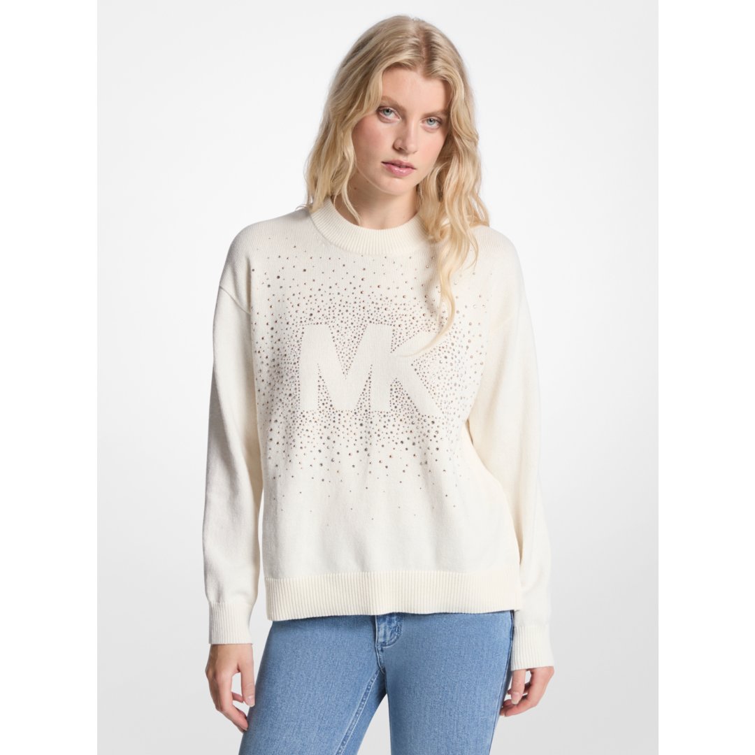 Michael Kors Embellished Logo Cotton Blend Sweater BONE