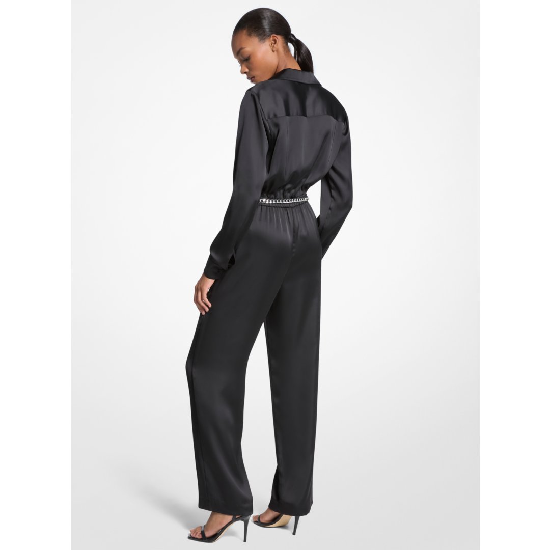Michael Kors Satin Long Sleeve Belted Jumpsuit BLACK