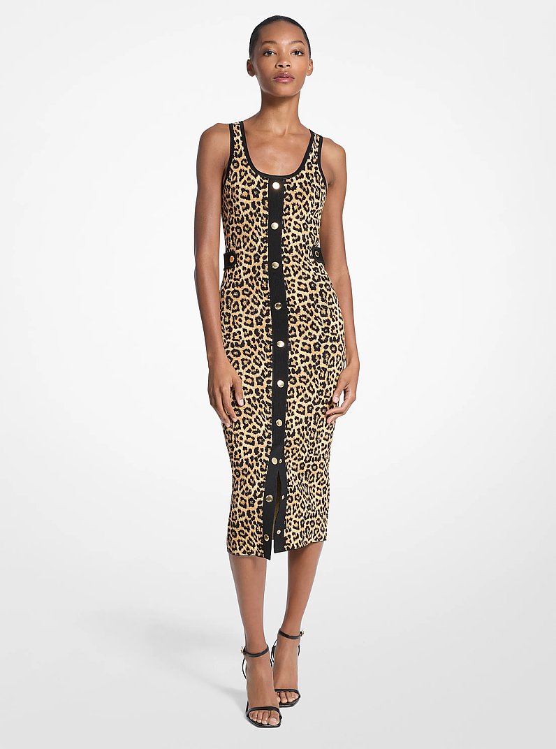 Michael Kors Leopard Print Stretch Viscose Midi Tank Dress PALE BUTTERSCOTCH
