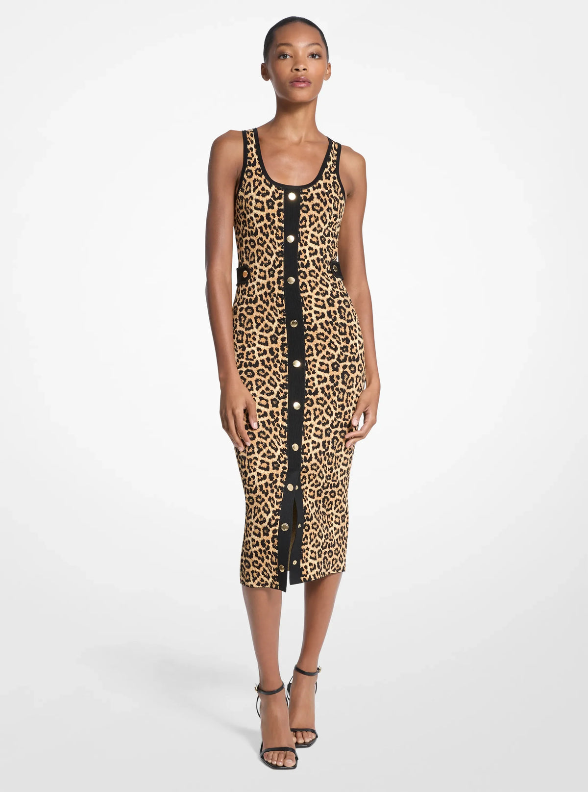 Michael Kors Leopard Print Stretch Viscose Midi Tank Dress PALE BUTTERSCOTCH