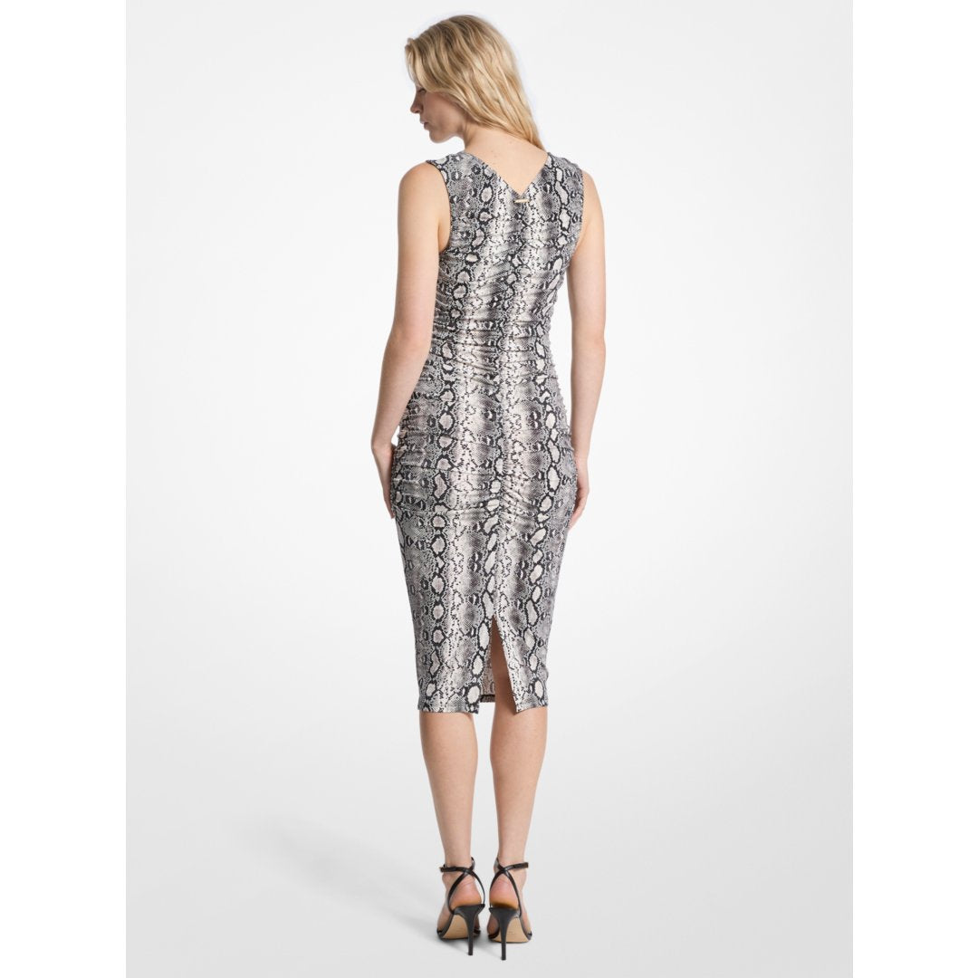 Michael Kors Snake Print Stretch Matte Jersey Ruched Midi Dress BONE