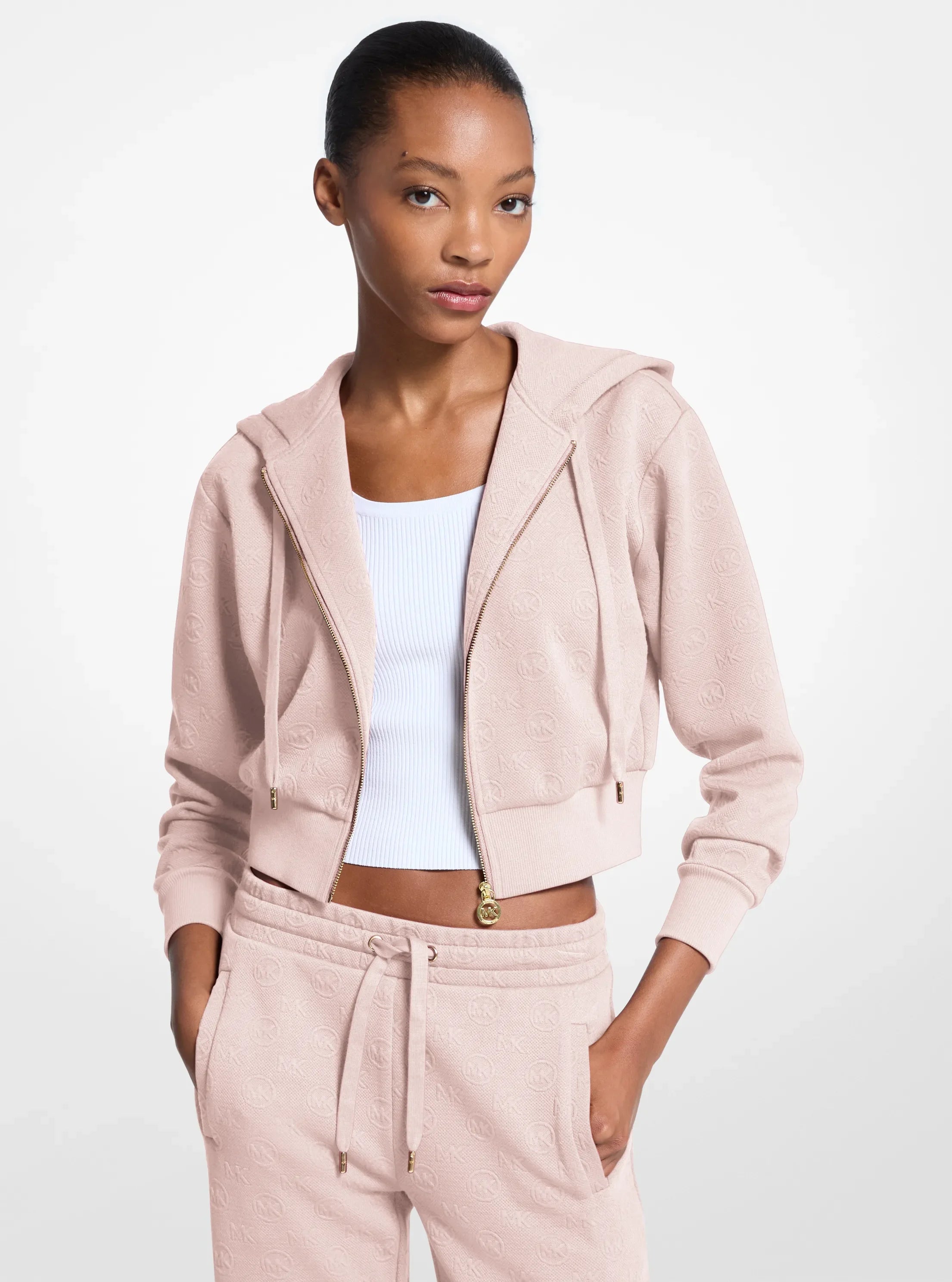 Michael Kors Logo Jacquard Charm Jacquard Cropped Zip-Up Hoodie POWDER BLUSH