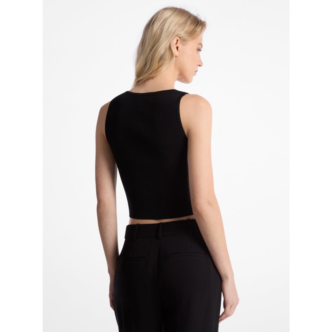 Michael Kors Ribbed Viscose Blend Zip-Up Tank Top BLACK