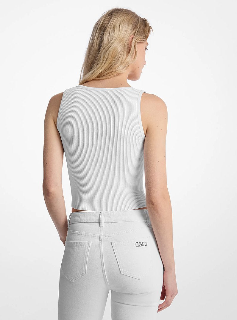 Michael Kors Ribbed Viscose Blend Zip-Up Tank Top WHITE
