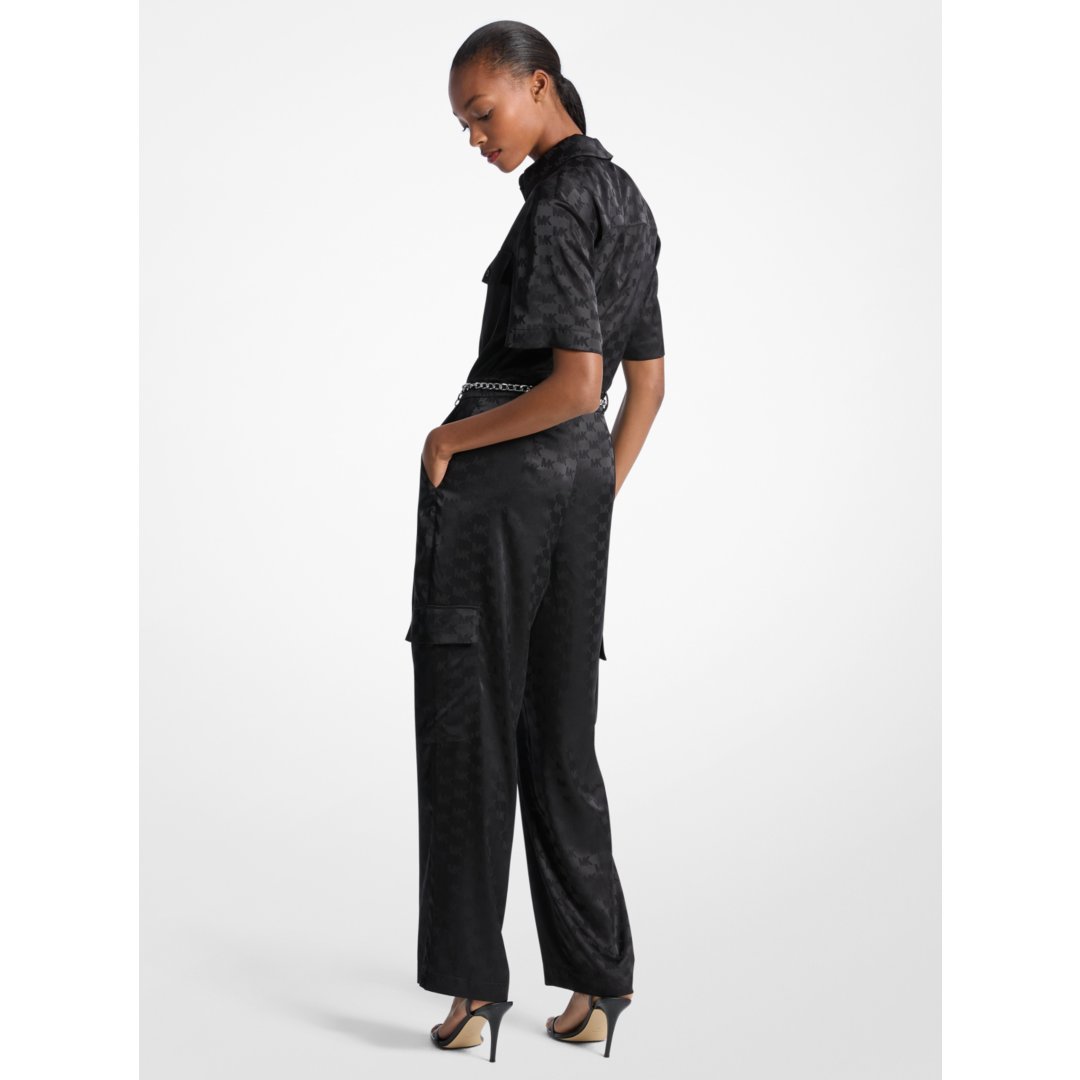 Michael Kors Logo Jacquard Satin Belted Jumpsuit BLACK